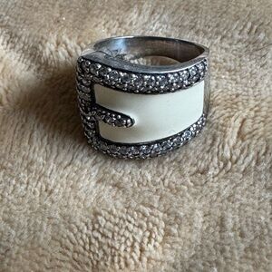 Vintage ARD 925 Sterling Silver Buckle Ring w/CZ White Stones - size 9